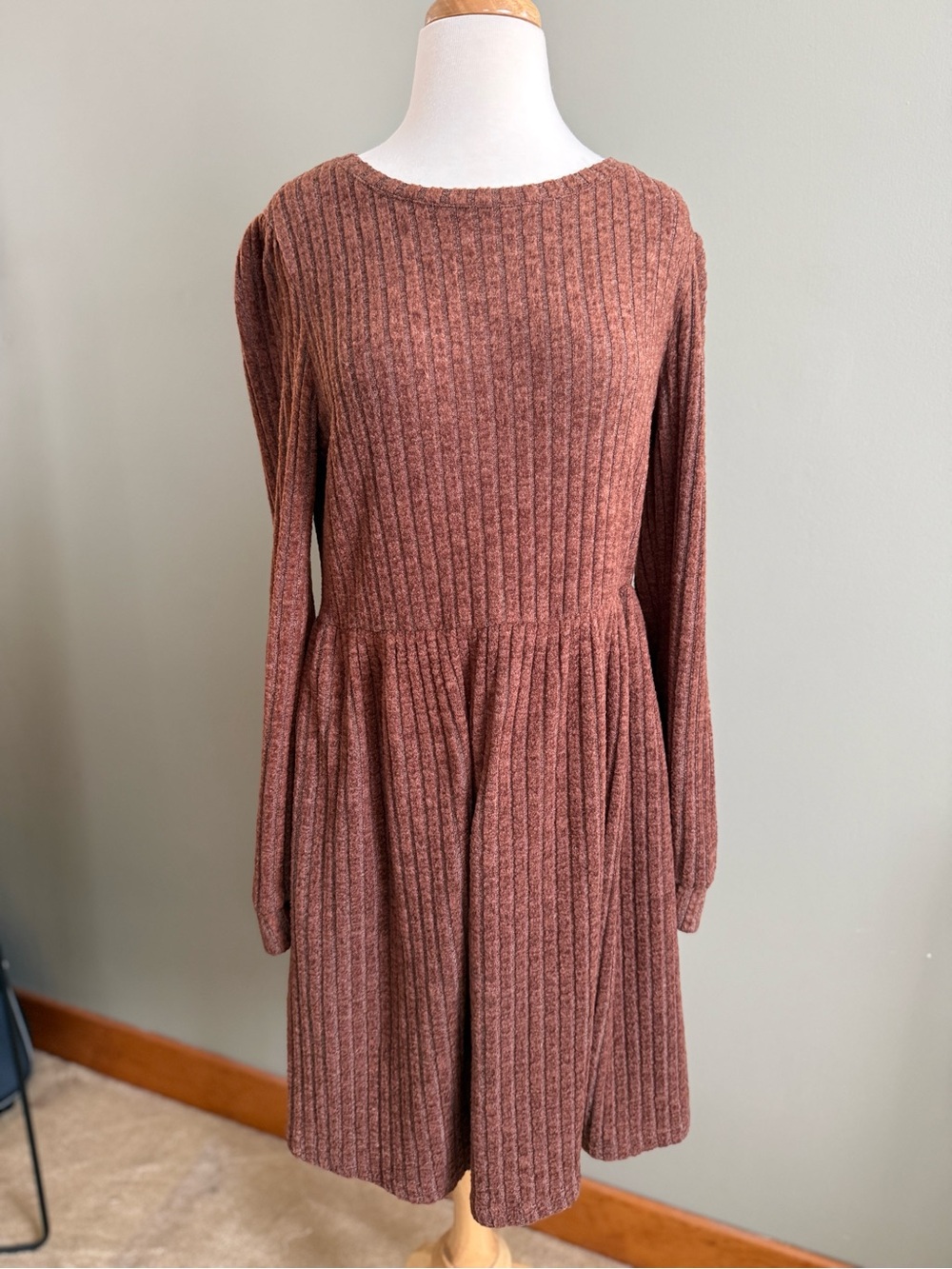 Ofeefan Ribbed Chenille Sweater Dress Rust Brown Long Sleeve Size L Cottagecore